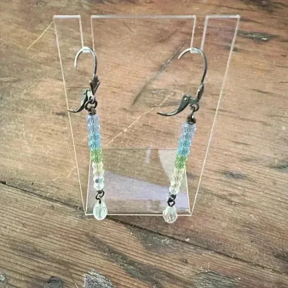Blue, Green, White Long Drop Crystal Earrnings - Picture 2 of 5